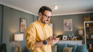 One adult man with eyeglasses stand at home use mobile phone